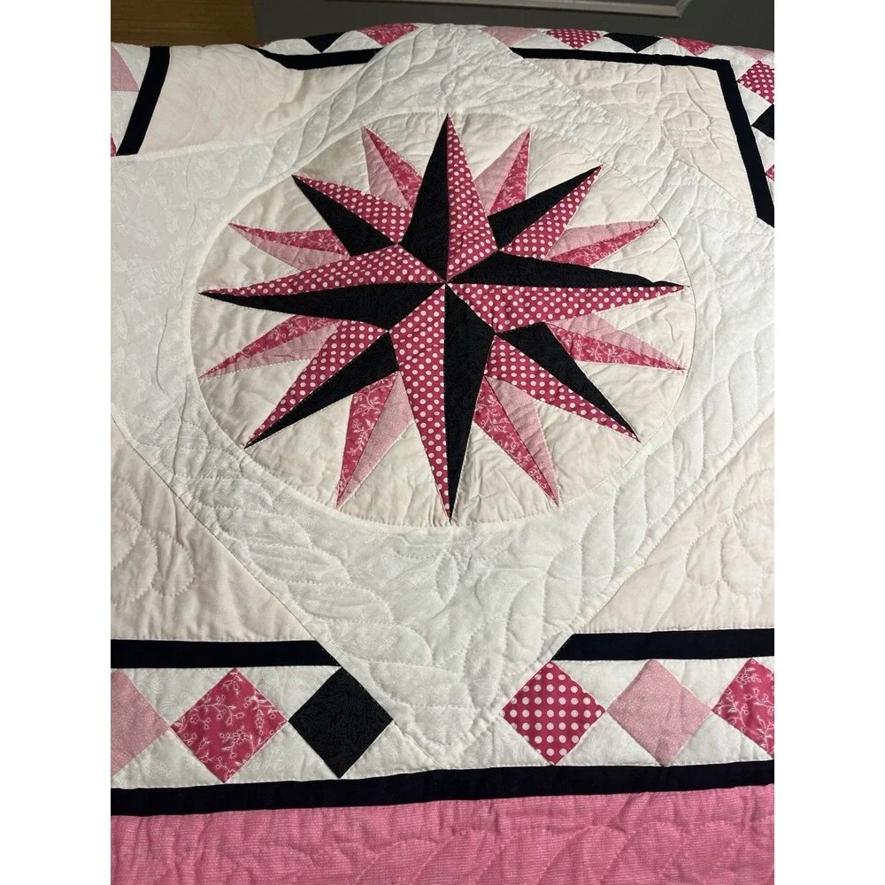 Hand Sewn Mariner’s Compass Black Pink White 45x45” Wall Hanging Lap Blanket